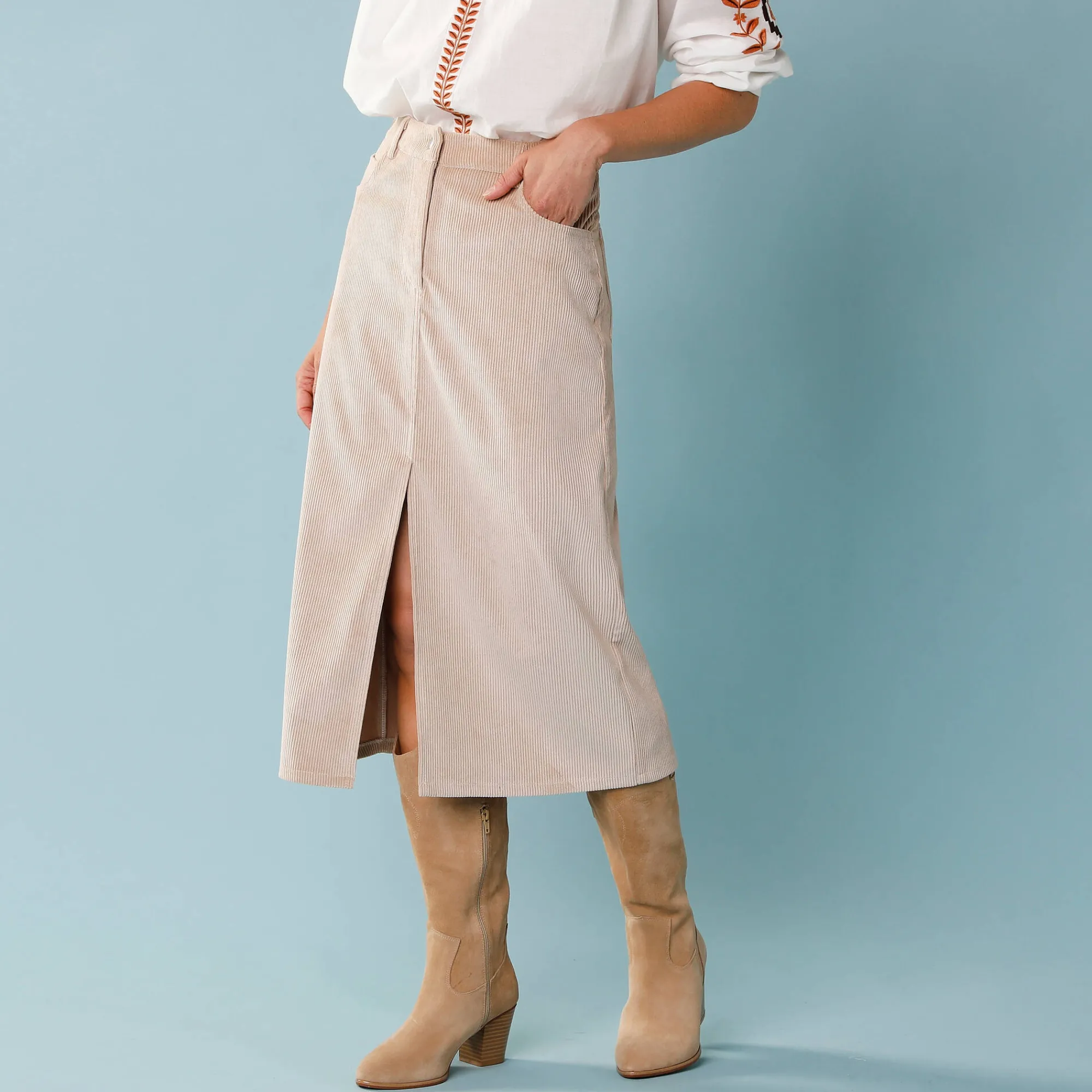 Rok<Blancheporte Lange rok in ribvelours, kleine lengtes zandkleur