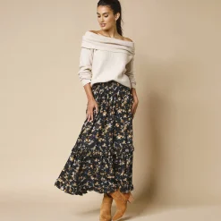 Rok<Blancheporte Lange rok met bloemenprint zwart / honing