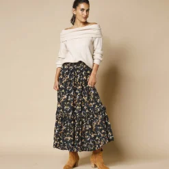Rok<Blancheporte Lange rok met bloemenprint zwart / honing