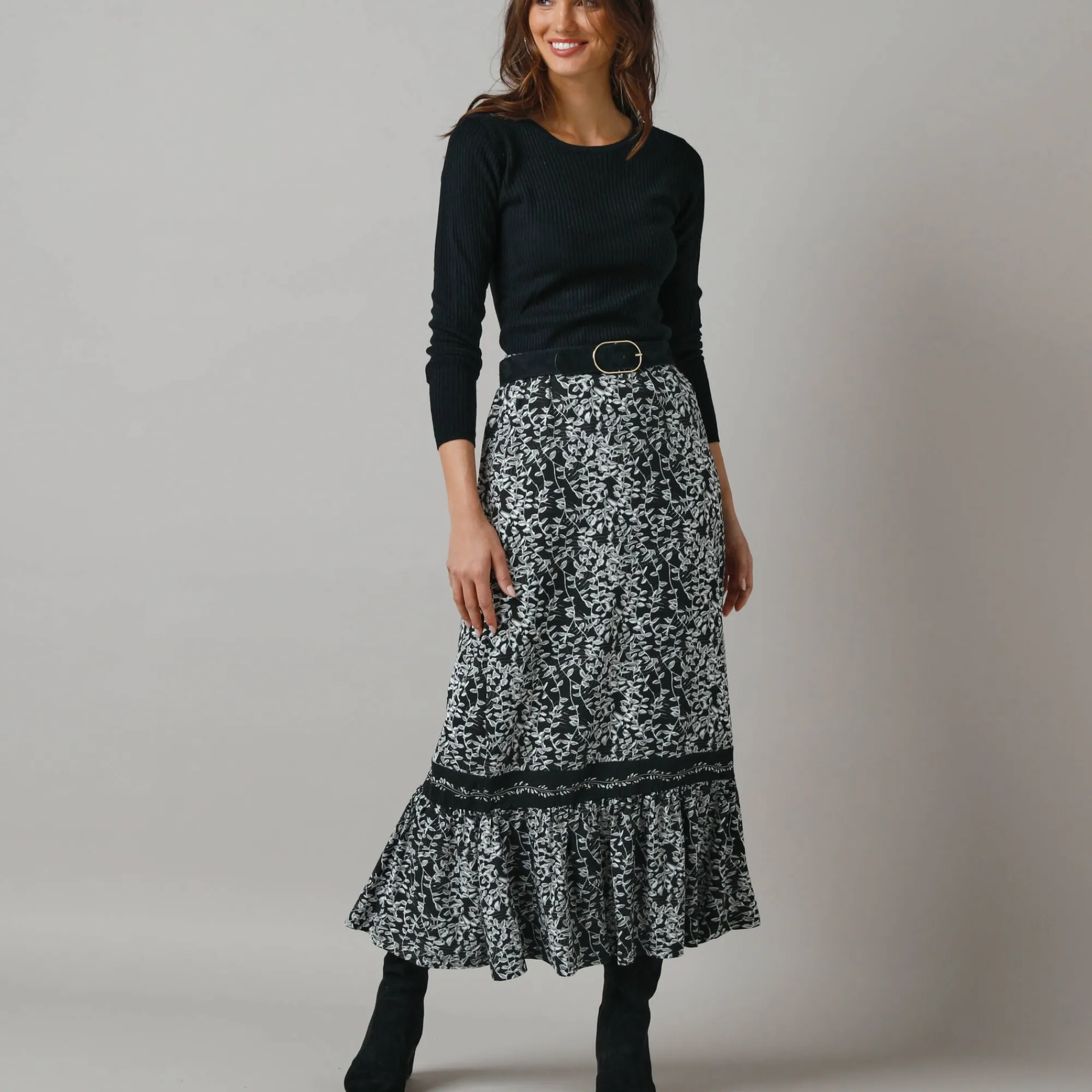 Feestoutfits Dames|Rok<Lora Zellini Lange rok met fronsrokvolume, jerseytricot zwart / ecru