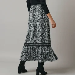 Feestoutfits Dames|Rok<Lora Zellini Lange rok met fronsrokvolume, jerseytricot zwart / ecru