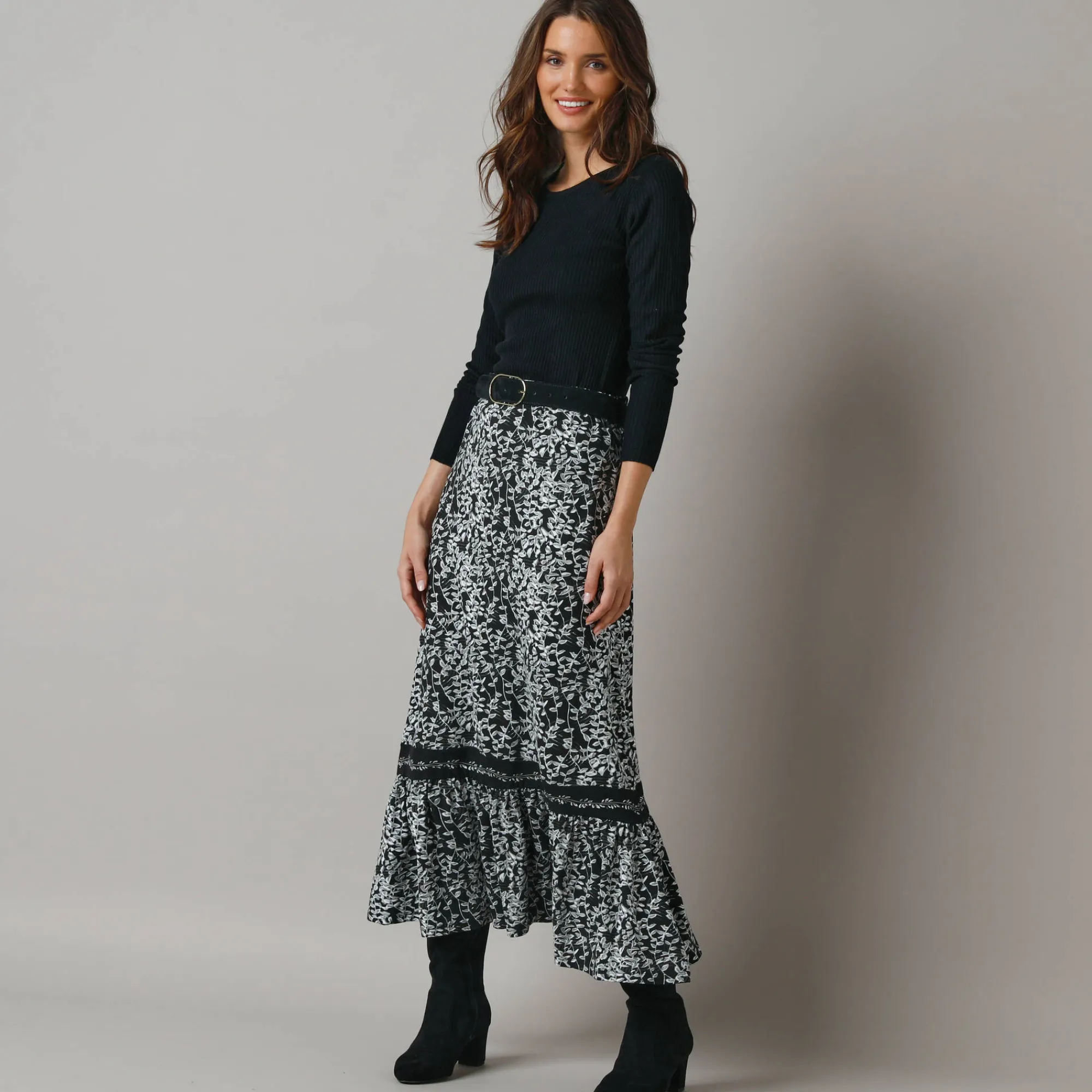 Feestoutfits Dames|Rok<Lora Zellini Lange rok met fronsrokvolume, jerseytricot zwart / ecru
