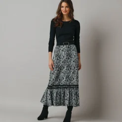 Feestoutfits Dames|Rok<Lora Zellini Lange rok met fronsrokvolume, jerseytricot zwart / ecru