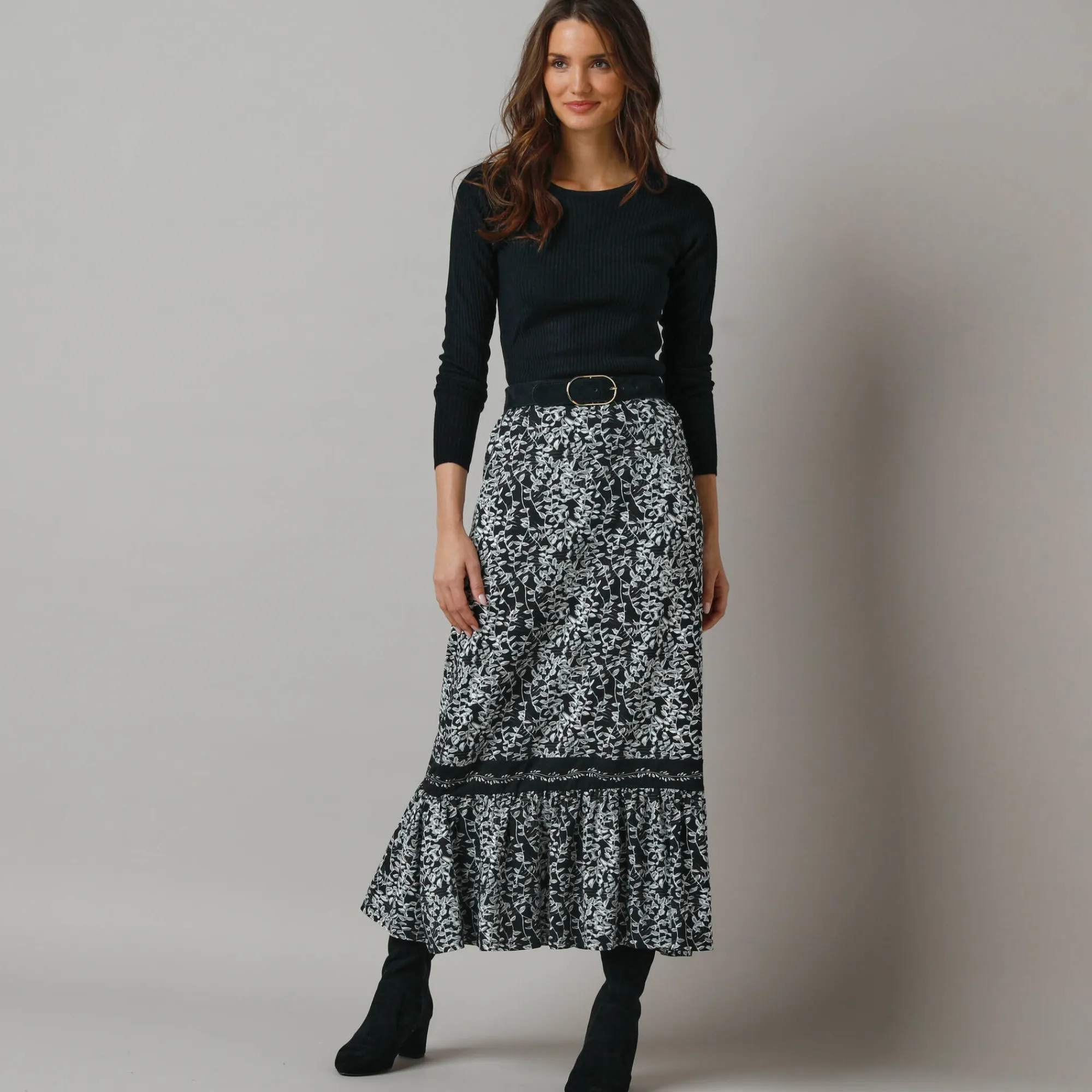 Feestoutfits Dames|Rok<Lora Zellini Lange rok met fronsrokvolume, jerseytricot zwart / ecru