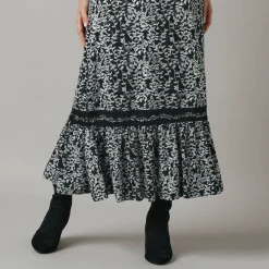 Feestoutfits Dames|Rok<Lora Zellini Lange rok met fronsrokvolume, jerseytricot zwart / ecru