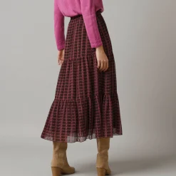 Rok<Lora Zellini Lange rok met fronsrokvolume, bedrukte voile chocolade / violine