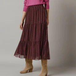 Rok<Lora Zellini Lange rok met fronsrokvolume, bedrukte voile chocolade / violine