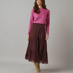 Rok<Lora Zellini Lange rok met fronsrokvolume, bedrukte voile chocolade / violine