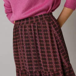 Rok<Lora Zellini Lange rok met fronsrokvolume, bedrukte voile chocolade / violine