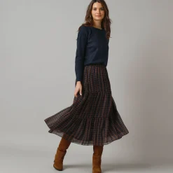 Rok<Lora Zellini Lange rok met fronsrokvolume, bedrukte voile marine / hazelnootbruin
