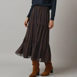 Rok<Lora Zellini Lange rok met fronsrokvolume, bedrukte voile marine / hazelnootbruin