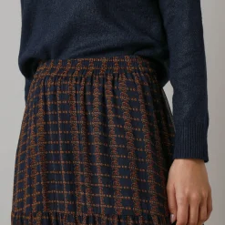 Rok<Lora Zellini Lange rok met fronsrokvolume, bedrukte voile marine / hazelnootbruin