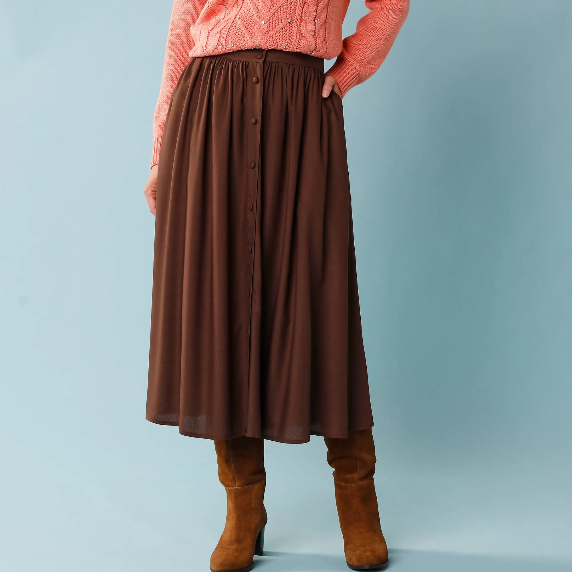 Feestoutfits Dames|Rok<Blancheporte Lange rok met knopen voor kleine lengtes chocolade