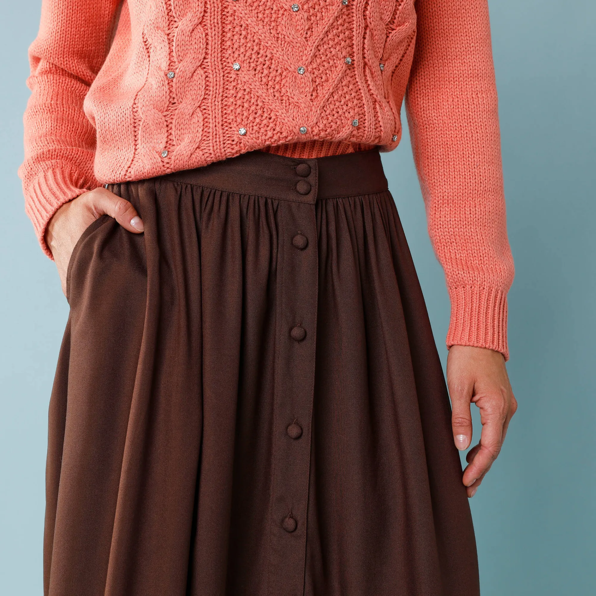 Feestoutfits Dames|Rok<Blancheporte Lange rok met knopen voor kleine lengtes chocolade