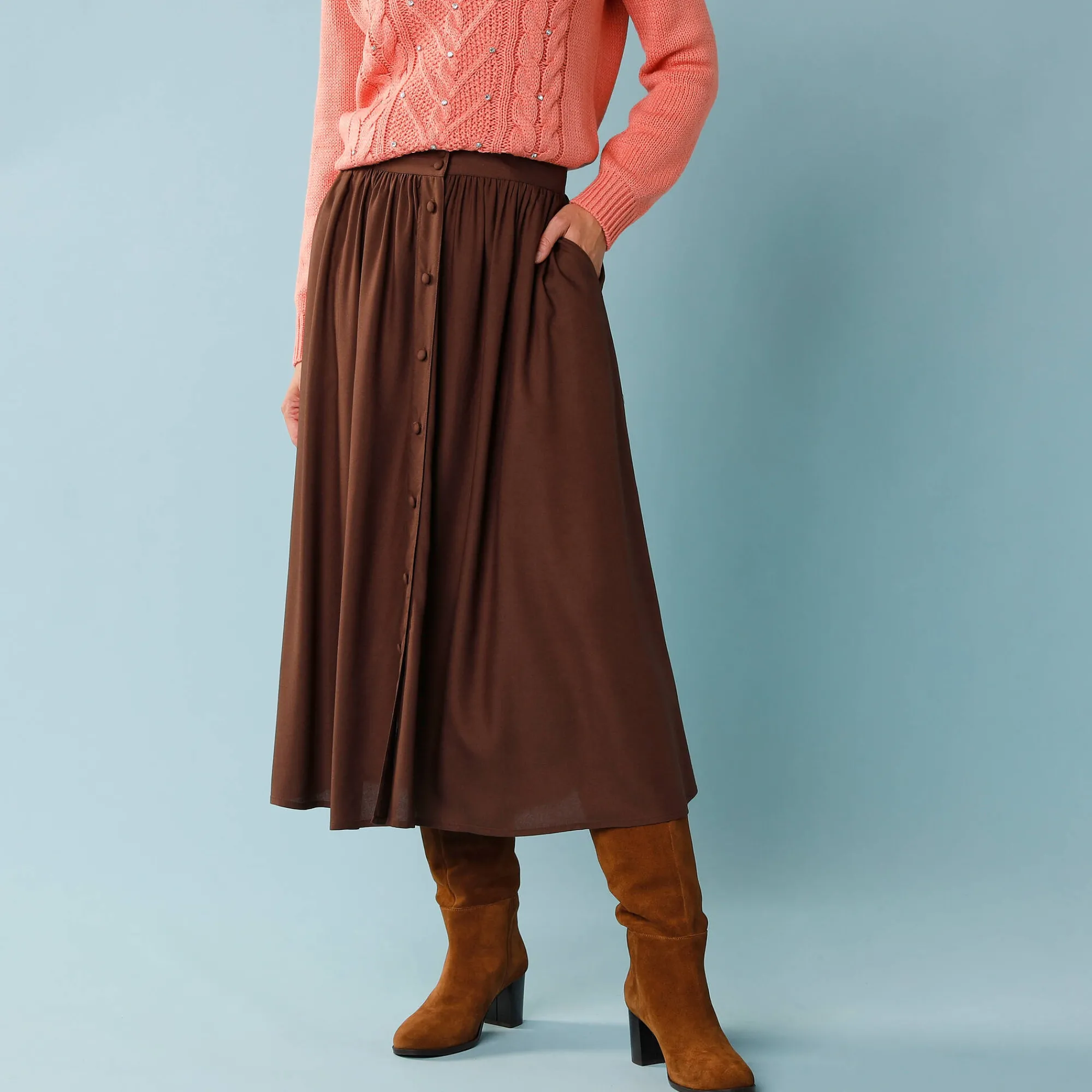 Feestoutfits Dames|Rok<Blancheporte Lange rok met knopen voor kleine lengtes chocolade