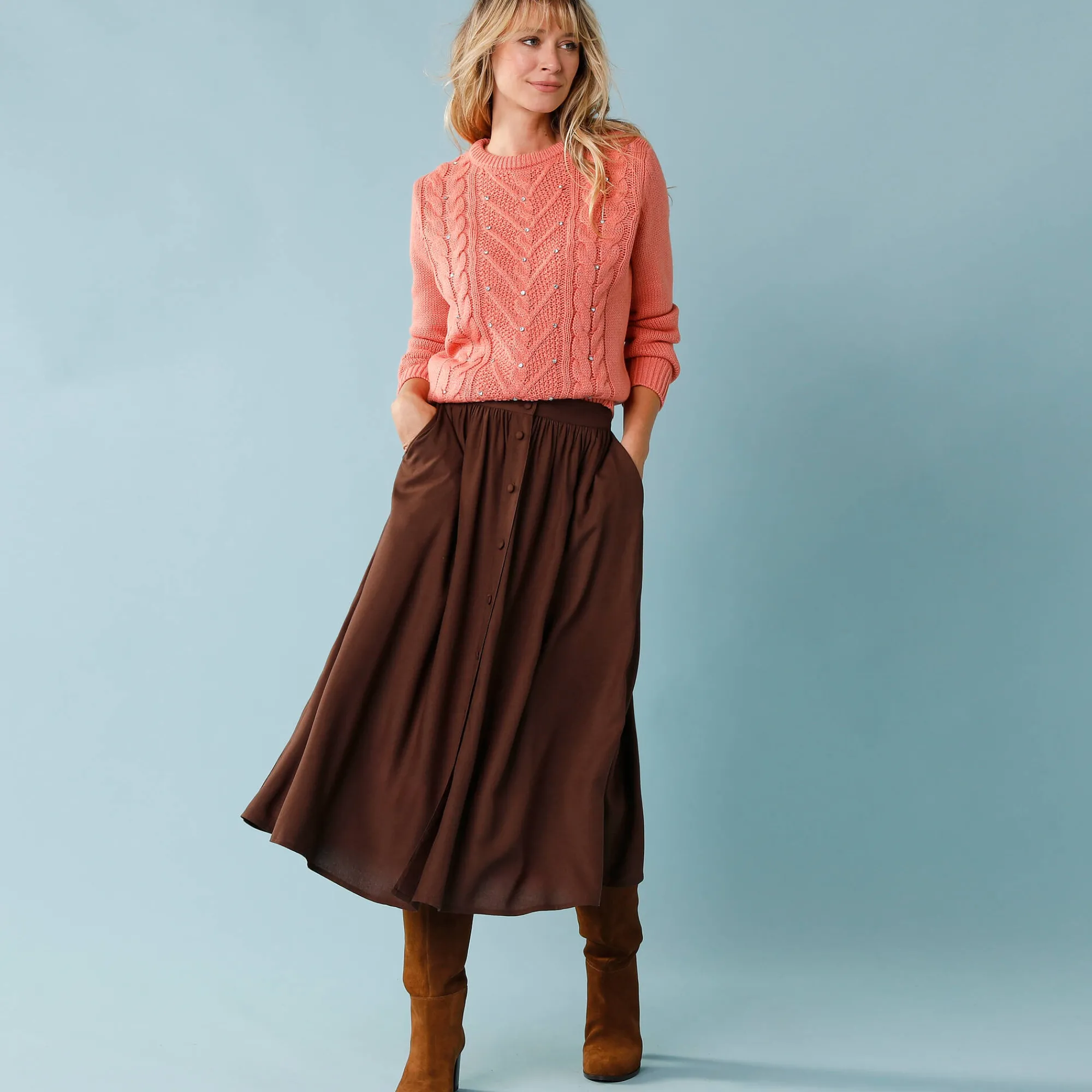Feestoutfits Dames|Rok<Blancheporte Lange rok met knopen voor kleine lengtes chocolade