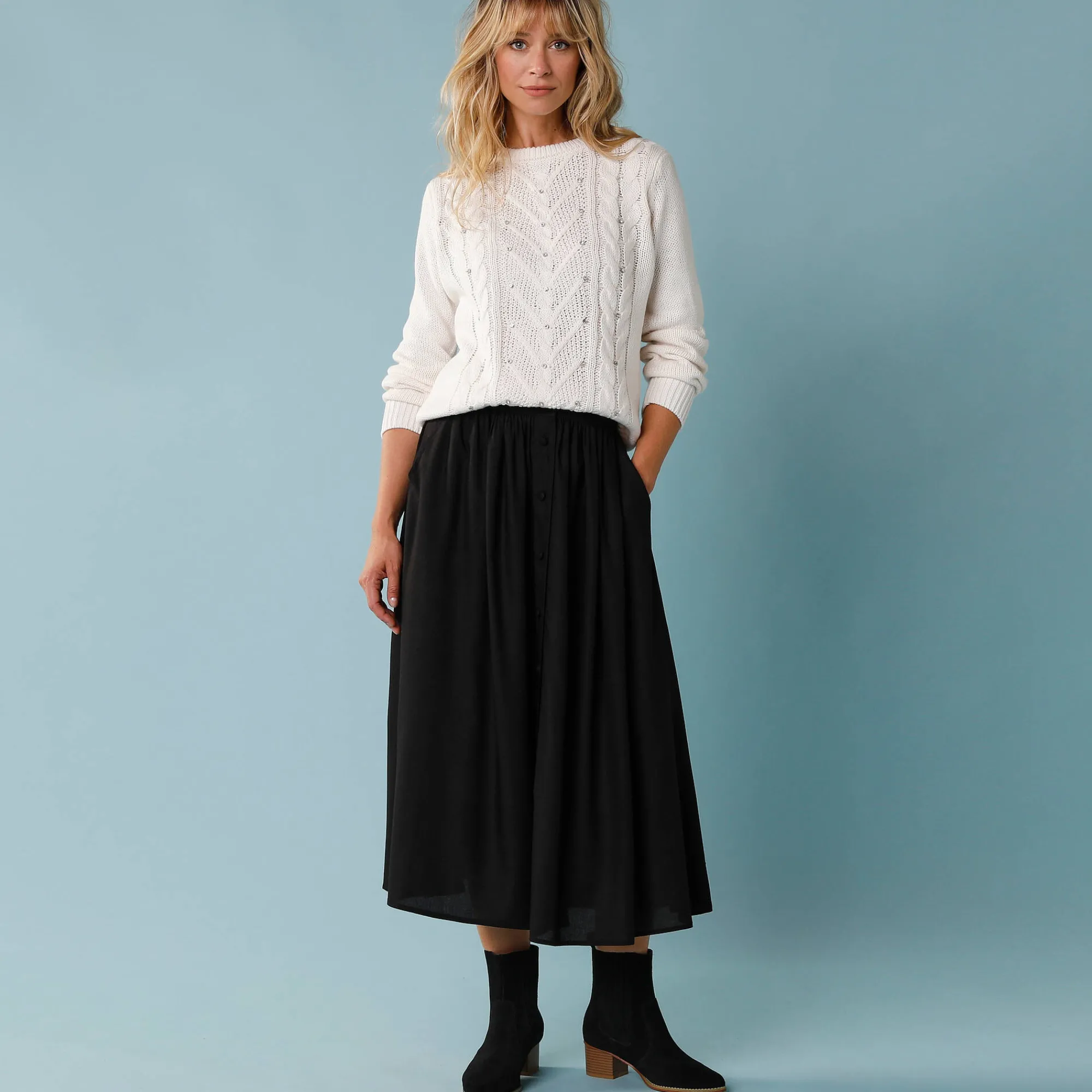 Feestoutfits Dames|Rok<Blancheporte Lange rok met knopen voor kleine lengtes zwart