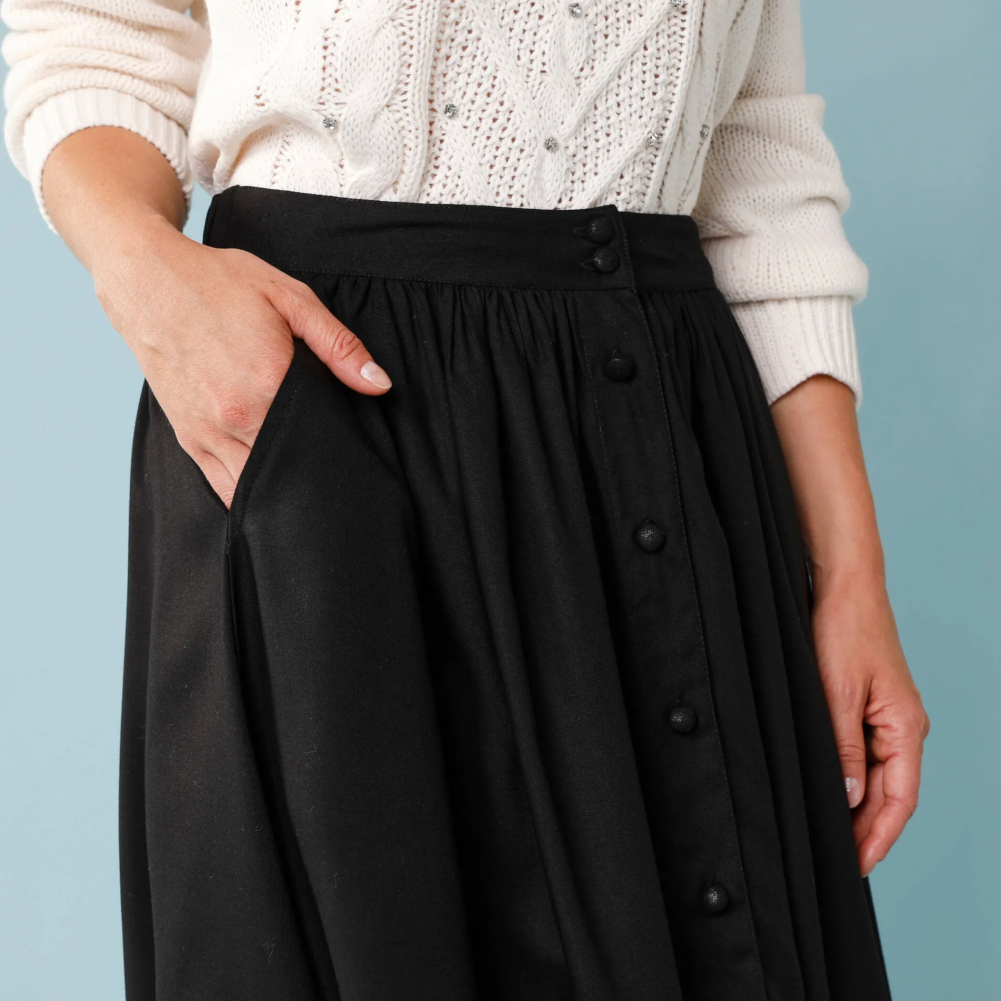 Feestoutfits Dames|Rok<Blancheporte Lange rok met knopen voor kleine lengtes zwart