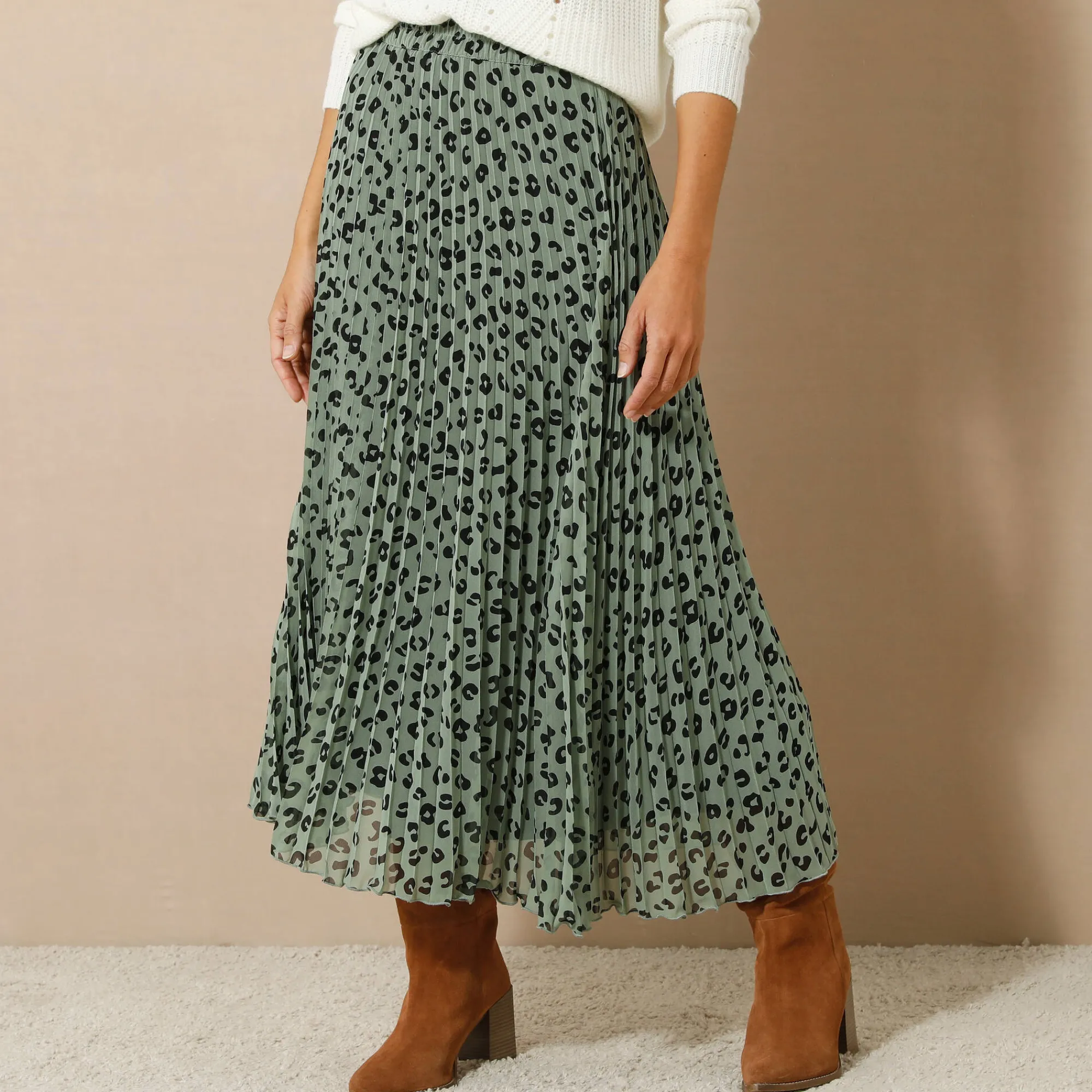 Rok<Blancheporte Lange rok met plissé, voile met luipaardprint kaki / zwart