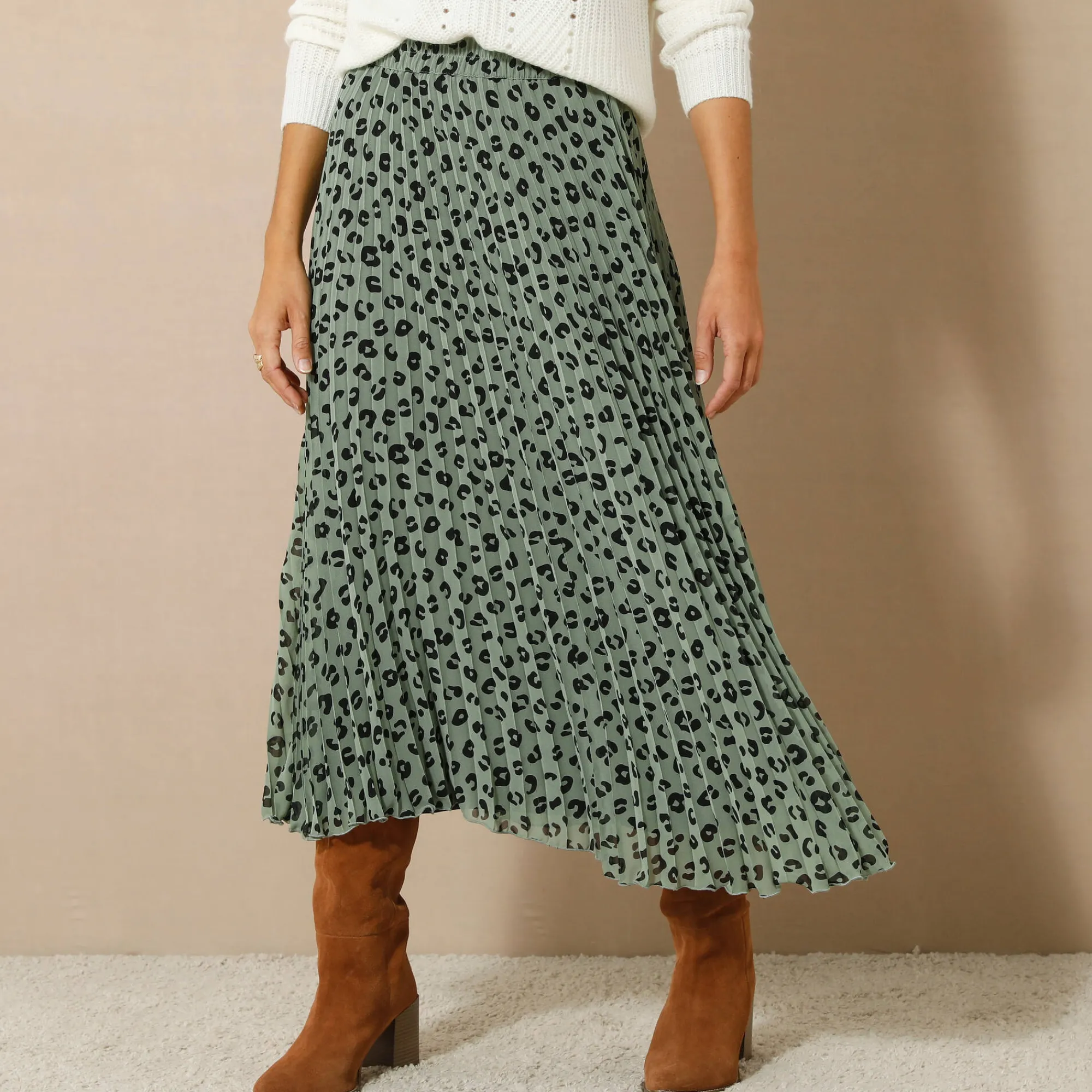 Rok<Blancheporte Lange rok met plissé, voile met luipaardprint kaki / zwart