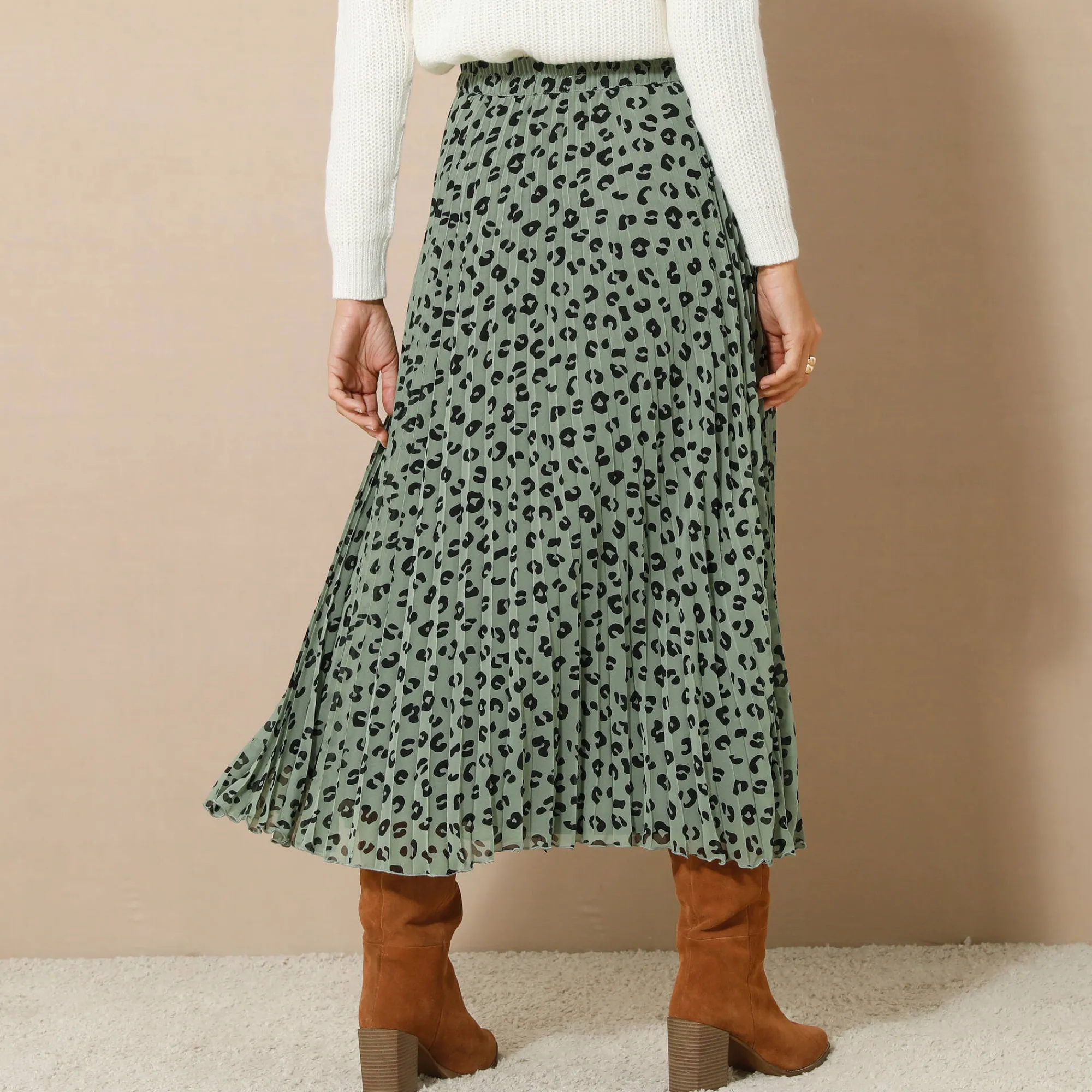 Rok<Blancheporte Lange rok met plissé, voile met luipaardprint kaki / zwart