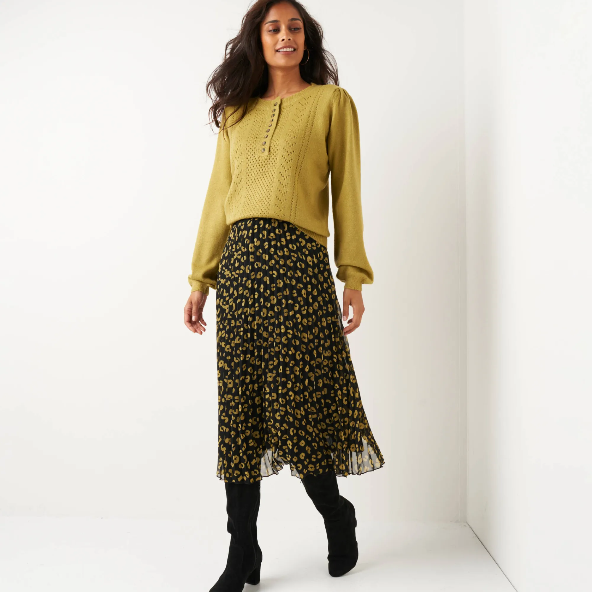 Rok<Blancheporte Lange rok met plissé, voile met luipaardprint zwart / olijfgroen