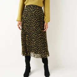 Rok<Blancheporte Lange rok met plissé, voile met luipaardprint zwart / olijfgroen