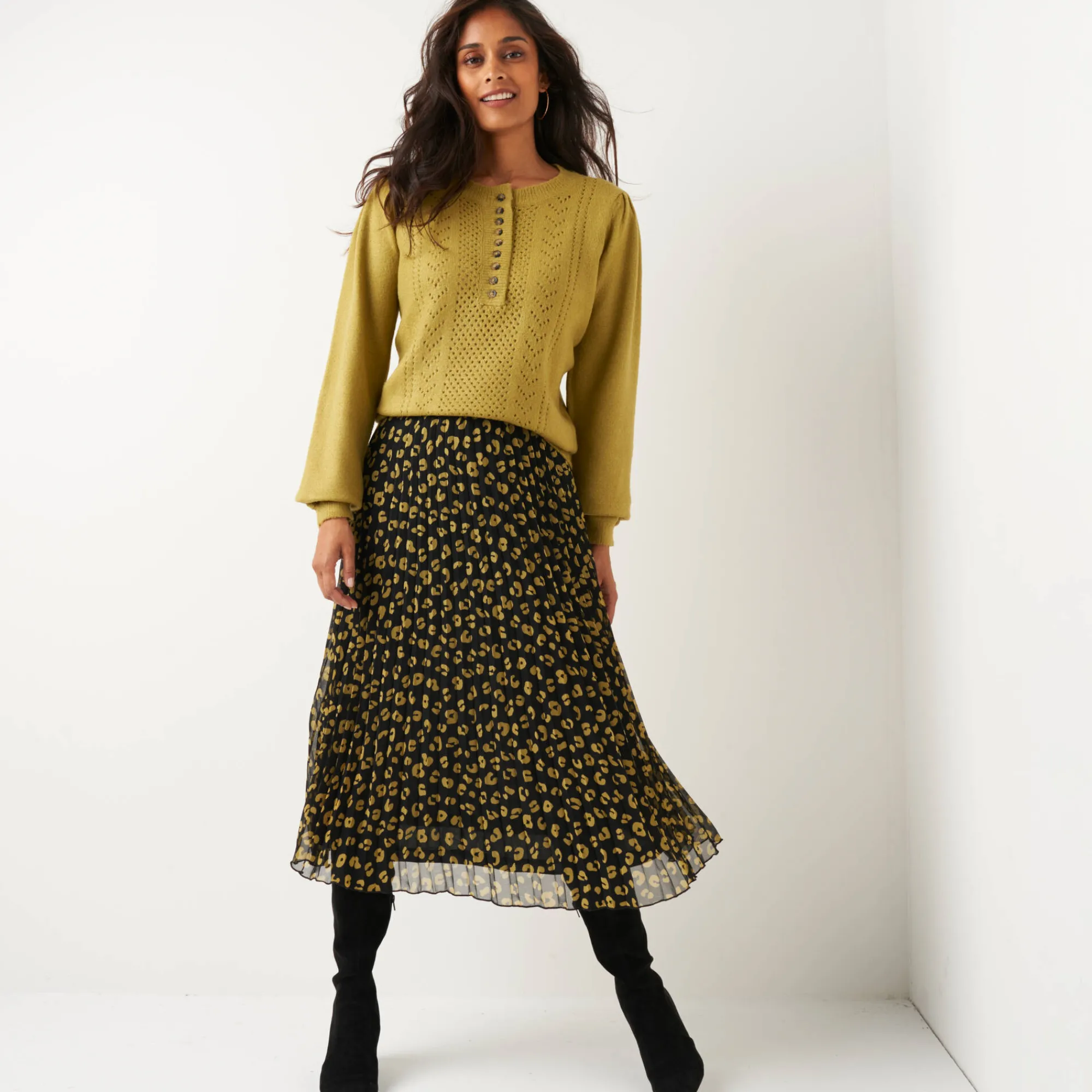 Rok<Blancheporte Lange rok met plissé, voile met luipaardprint zwart / olijfgroen