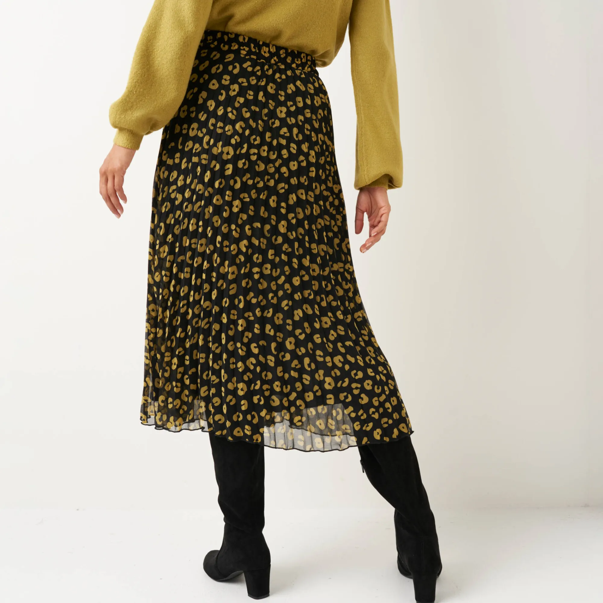 Rok<Blancheporte Lange rok met plissé, voile met luipaardprint zwart / olijfgroen