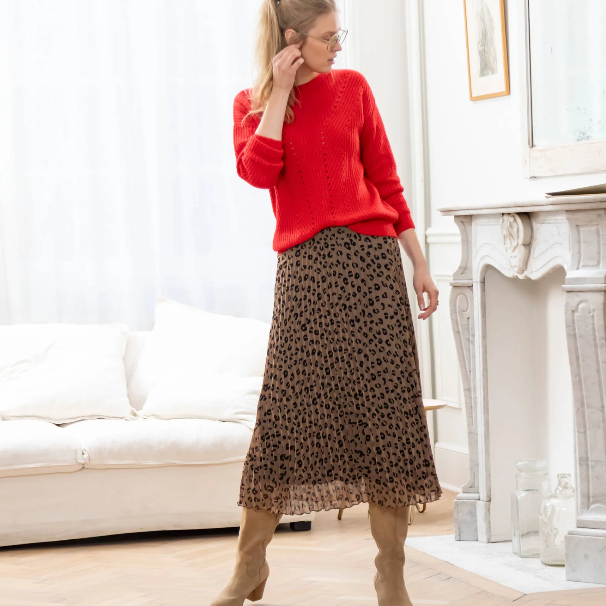 Rok<Blancheporte Lange rok met plissé, voile met luipaardprint taupe / zwart