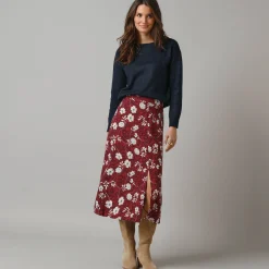 Rok<Lora Zellini Lange rok met split, bloemenprint bordeaux / ecru