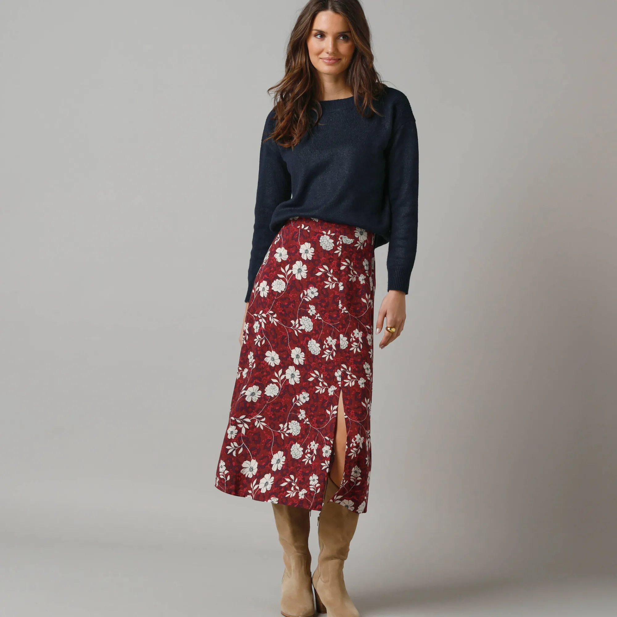 Rok<Lora Zellini Lange rok met split, bloemenprint bordeaux / ecru