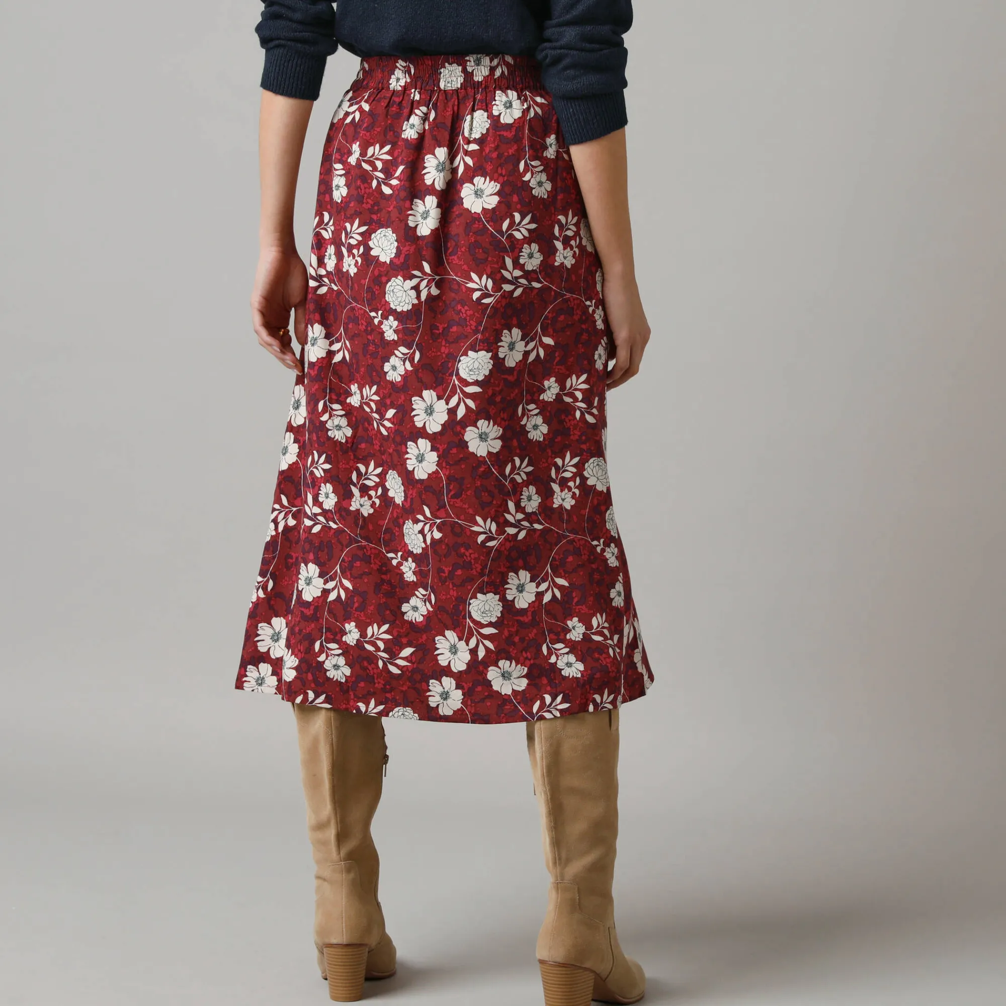 Rok<Lora Zellini Lange rok met split, bloemenprint bordeaux / ecru