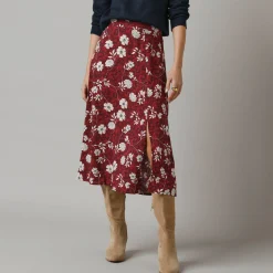 Rok<Lora Zellini Lange rok met split, bloemenprint bordeaux / ecru