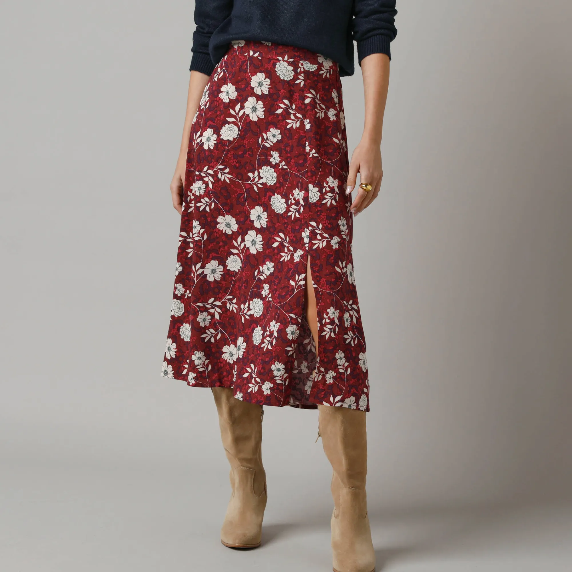 Rok<Lora Zellini Lange rok met split, bloemenprint bordeaux / ecru