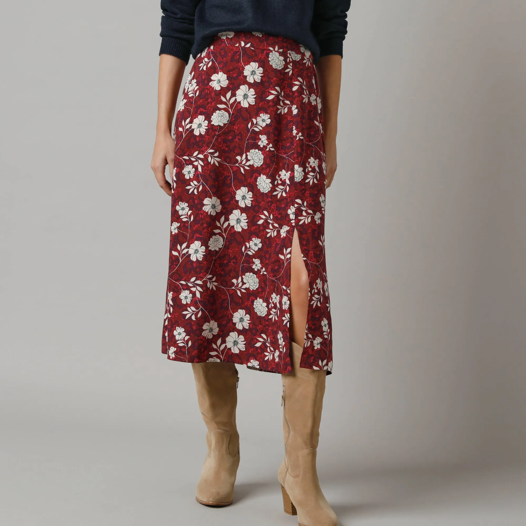 Rok<Lora Zellini Lange rok met split, bloemenprint bordeaux / ecru