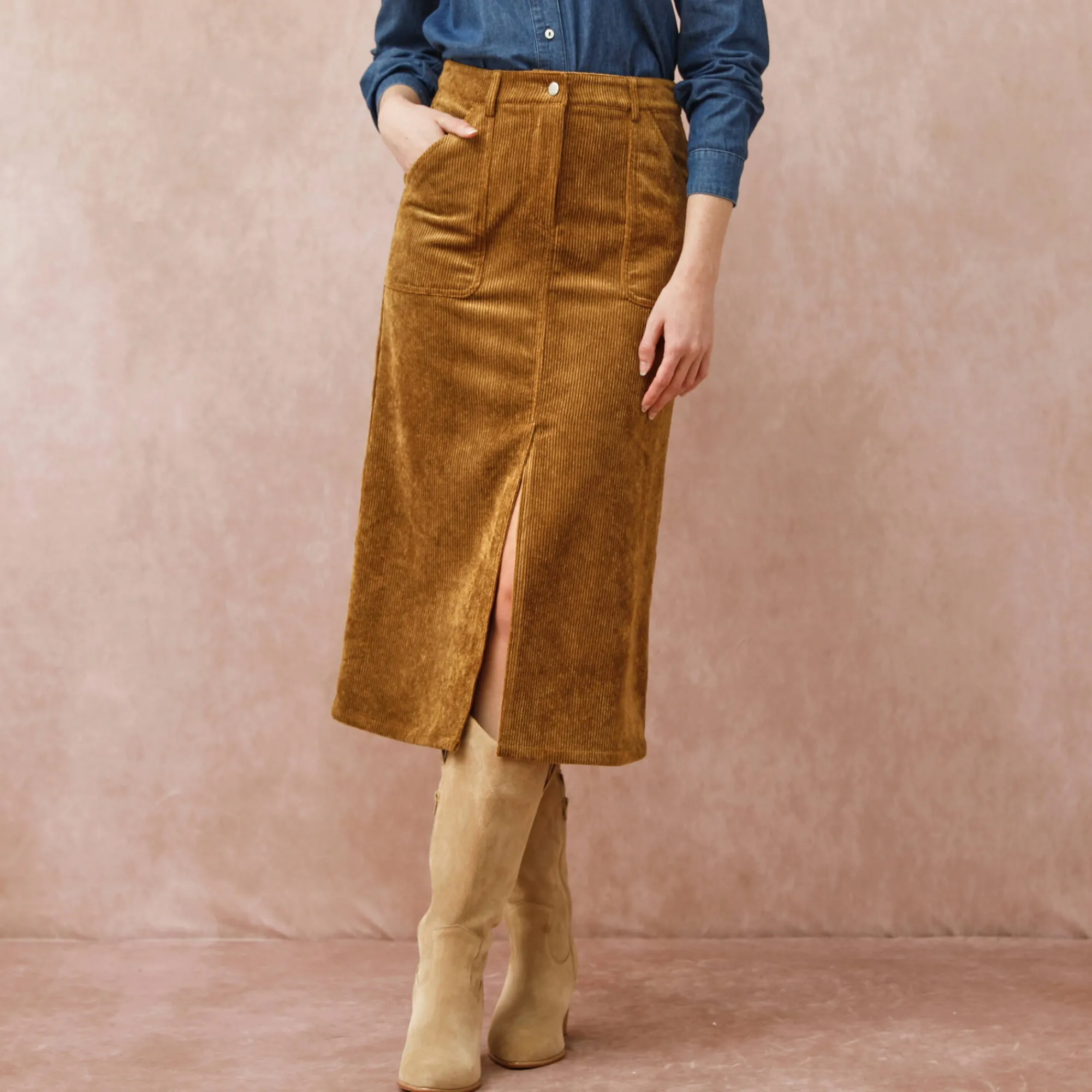 Rok<Blancheporte Lange rok met split, ribvelours havanna
