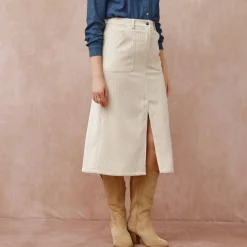 Rok<Blancheporte Lange rok met split, ribvelours grijsbeige