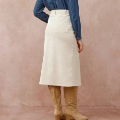 Rok<Blancheporte Lange rok met split, ribvelours grijsbeige