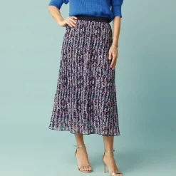 Rok<Blancheporte Lange rok voor Kleine Lengtes, bedrukte voile marine / ecru