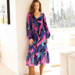 Jurk<Blancheporte Lange, soepele en bedrukte jurk met V-hals, viscose marine / violine