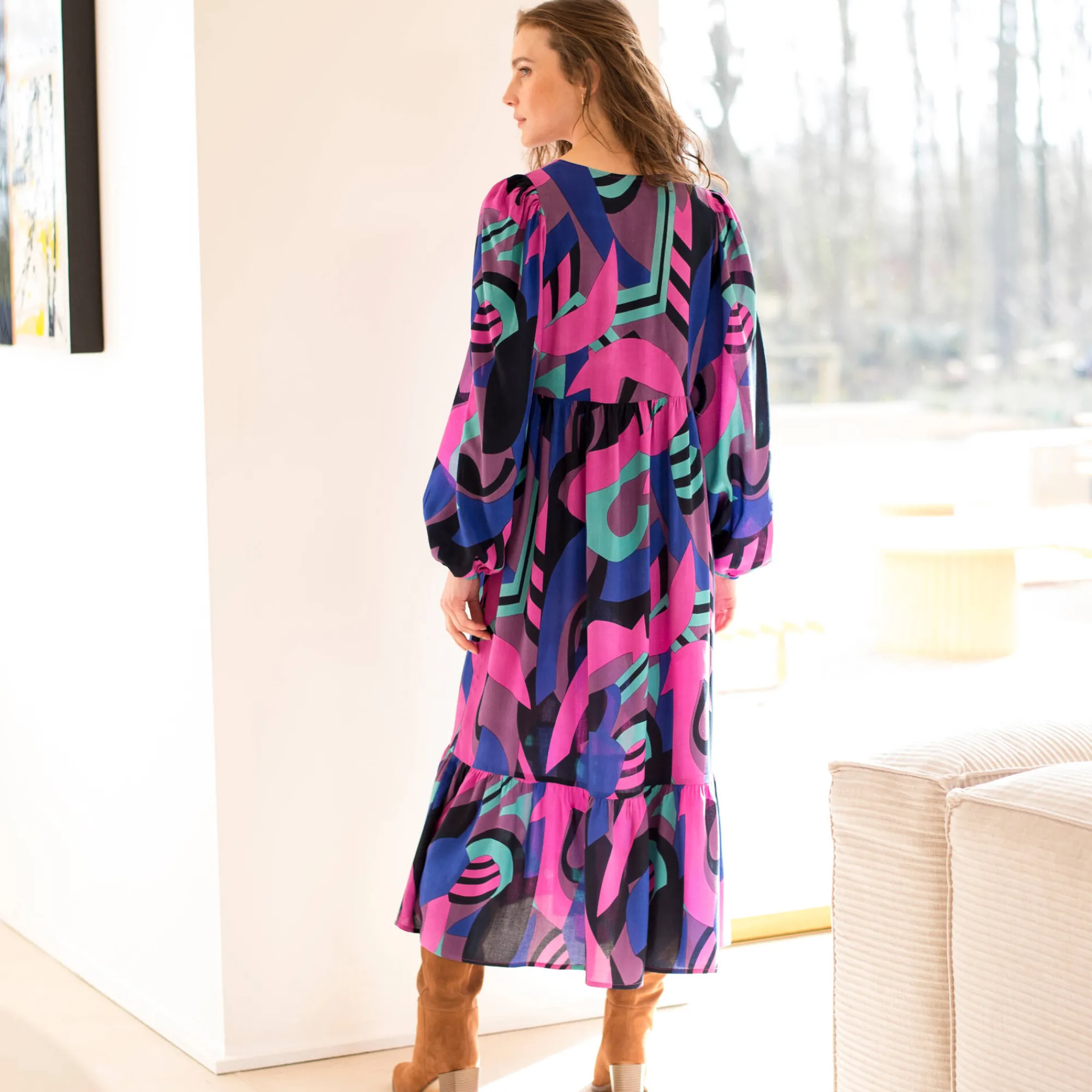 Jurk<Blancheporte Lange, soepele en bedrukte jurk met V-hals, viscose marine / violine