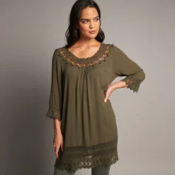 Bloes En Tuniek<Blancheporte Lange tuniek met macramé en 3/4-mouwen kaki