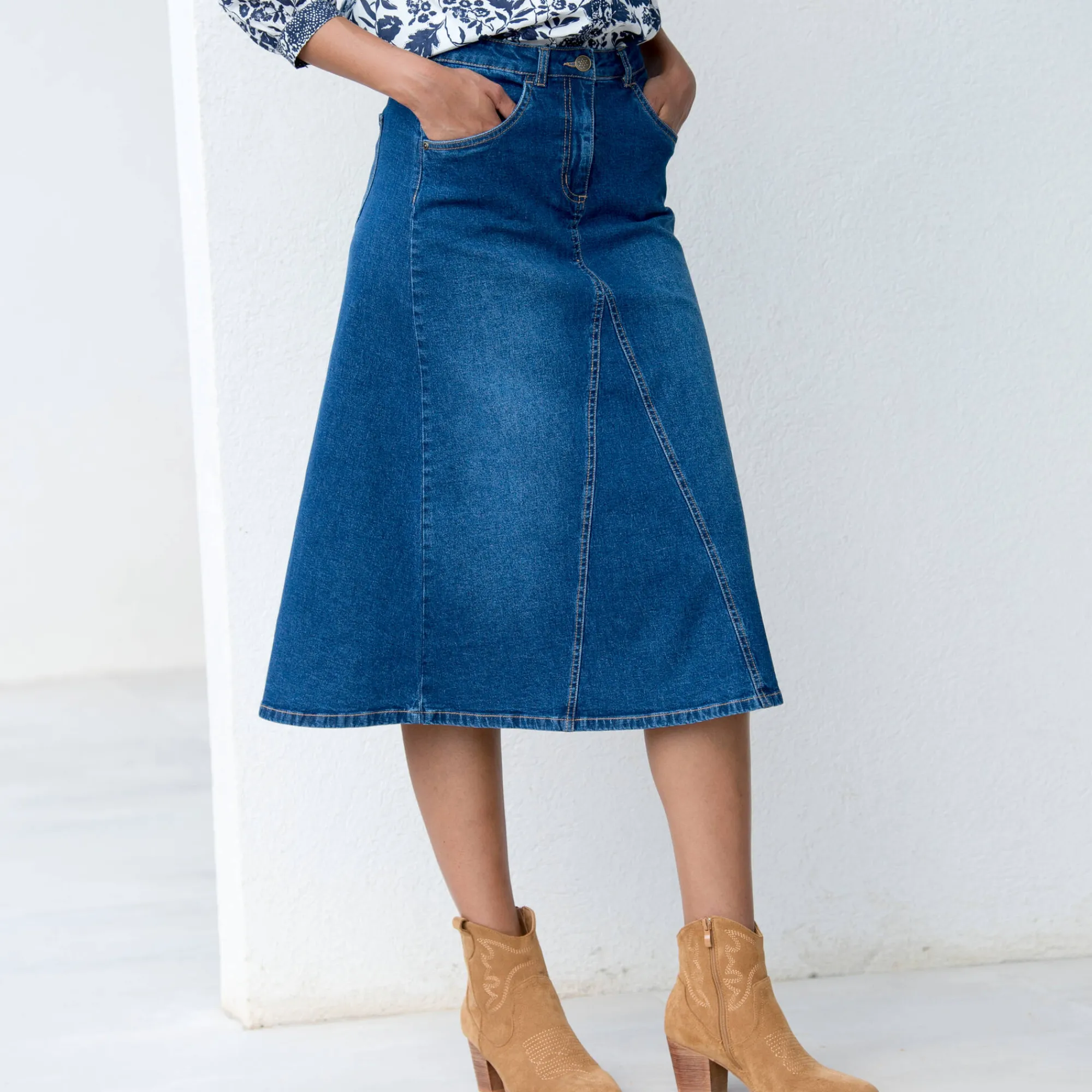 Rok<Blancheporte Lange, uitlopende rok in jeans stone used