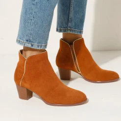 Feestelijke Schoenen|Bottines En Boots<Blancheporte Leren boots met goudkleurig biesje karamel
