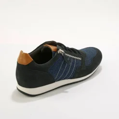 Schoenen|Schoenen Heren<Blancheporte Leren sneakers in 2 materialen, veters en rits marine
