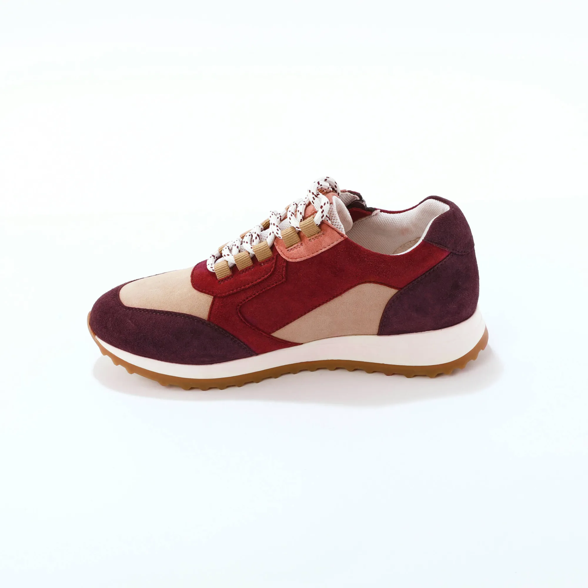 Baskets En Sneakers|Schoenen<Blancheporte Leren sneakers met contrasterende fantasiepasjes beige / bordeaux