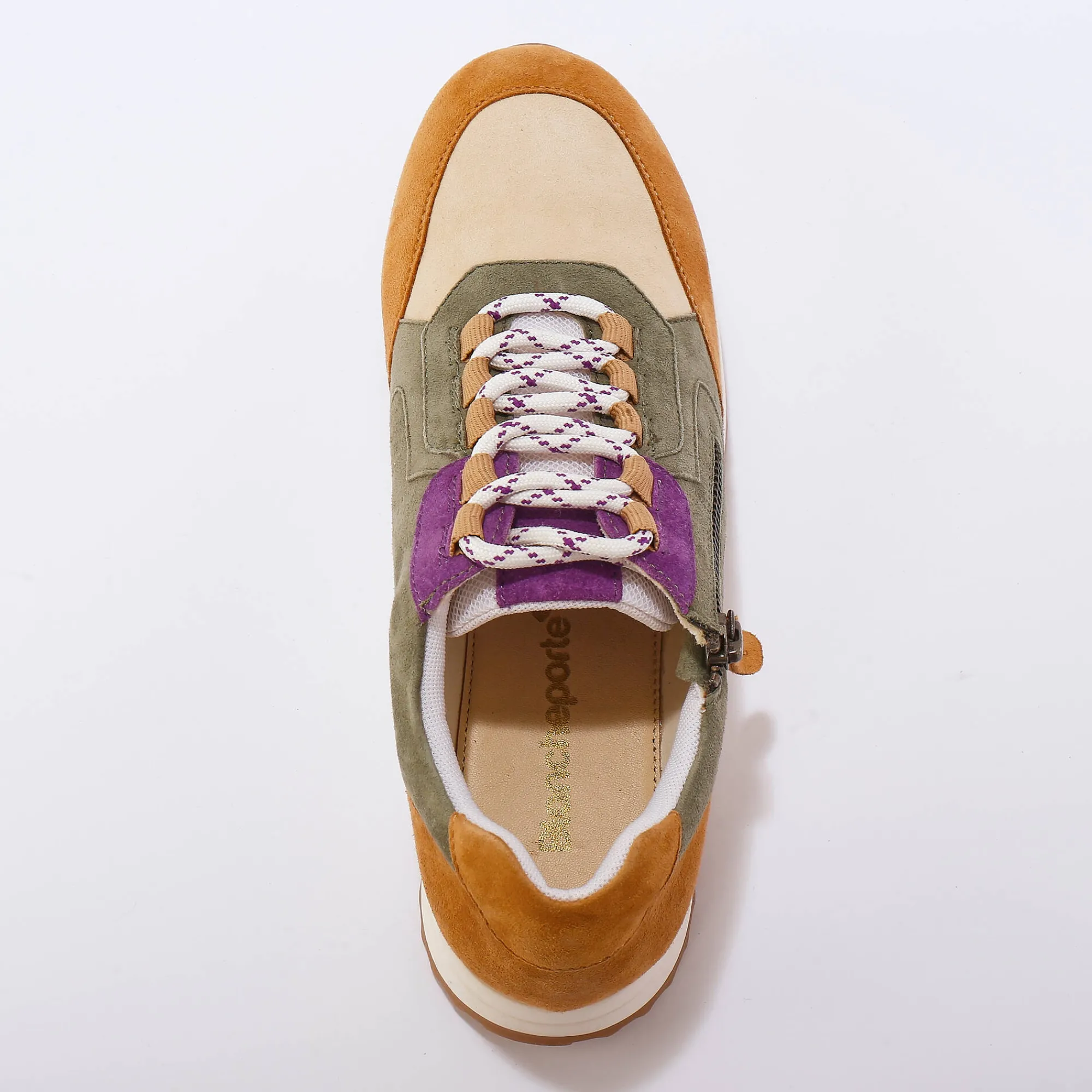 Baskets En Sneakers|Schoenen<Blancheporte Leren sneakers met contrasterende fantasiepasjes kaki / beige