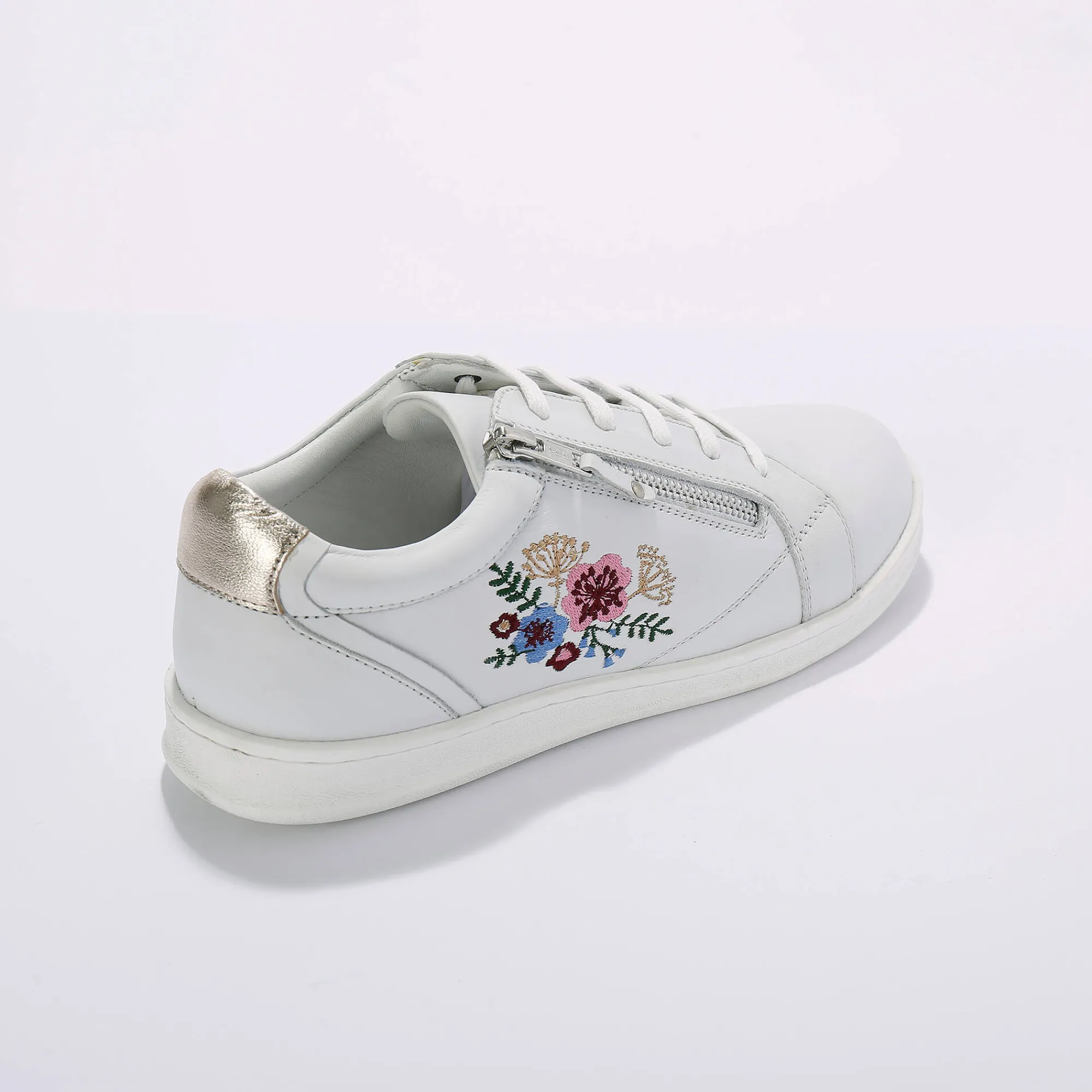 Baskets En Sneakers|Schoenen<Blancheporte Leren sneakers met rits en bloemenborduursel wit