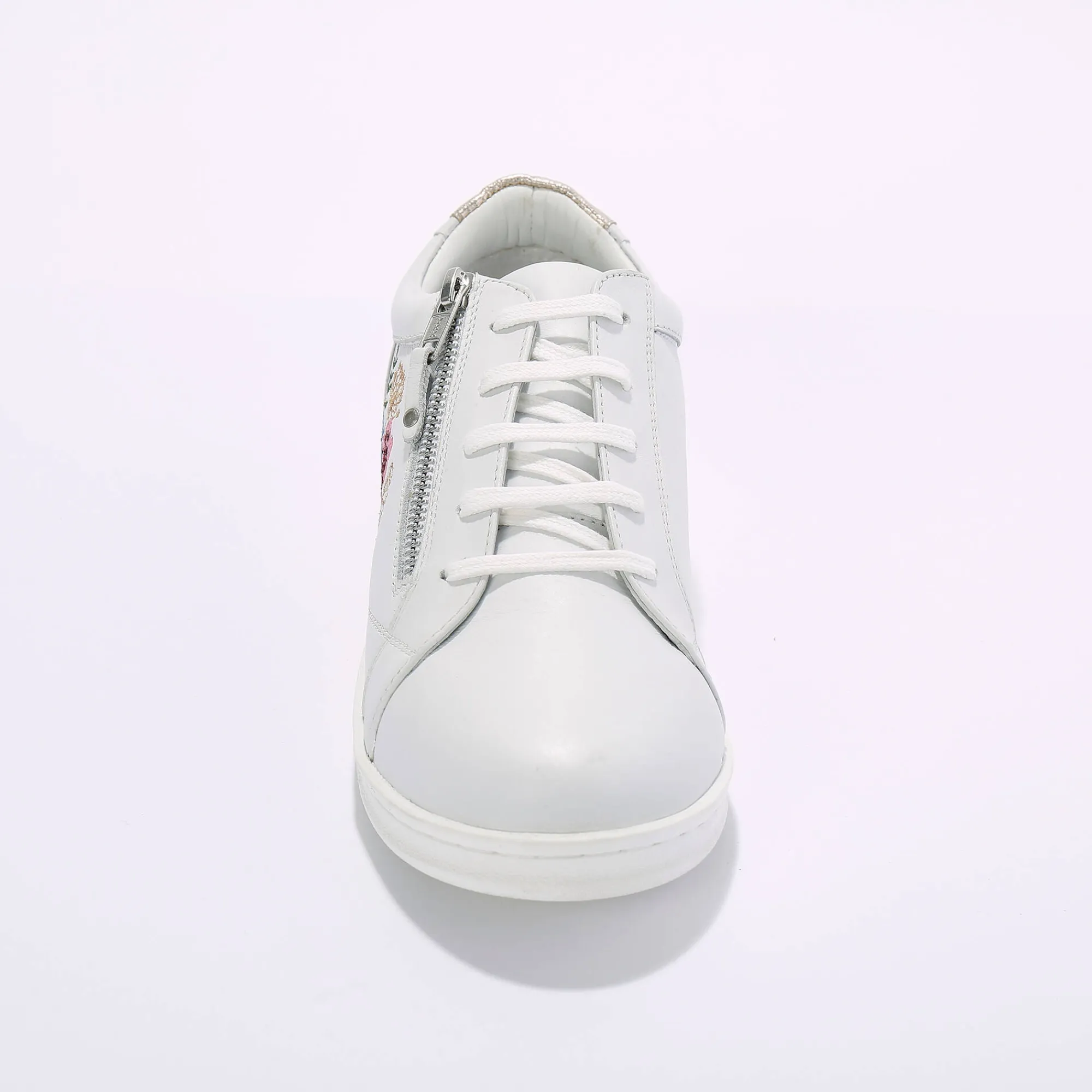 Baskets En Sneakers|Schoenen<Blancheporte Leren sneakers met rits en bloemenborduursel wit